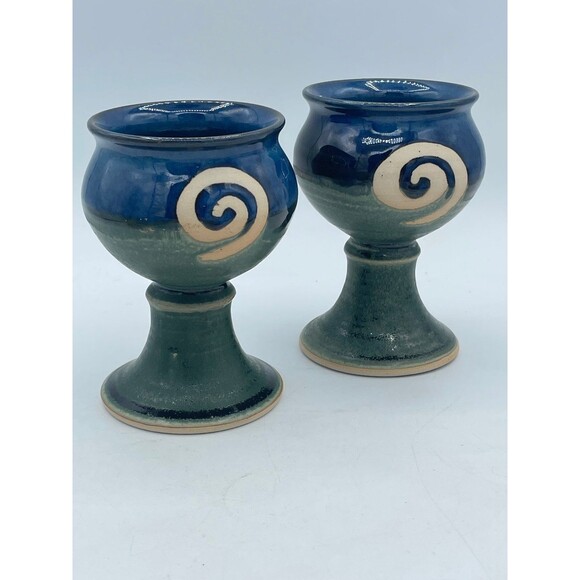 Studio Pottery Jack O'Patsy Irish Blue/Green Swirl Design Handmade Goblets Irish